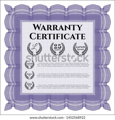 Violet Vintage Warranty Certificate template. With quality background. Nice design. Vector illustration. 
