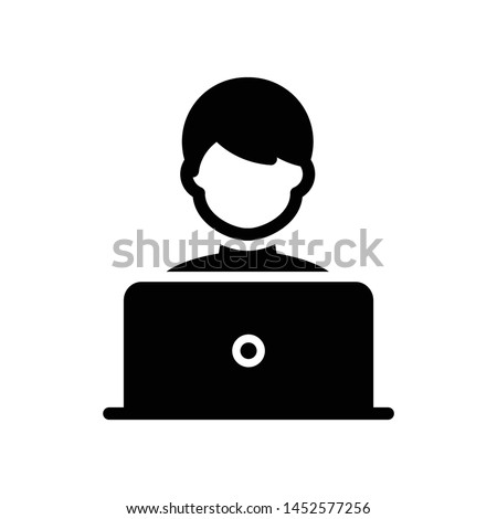 Blogger with laptop isolated flat vector icon. Blogging work glyph solid symbol. Royalty-Free Stock Photo #1452577256