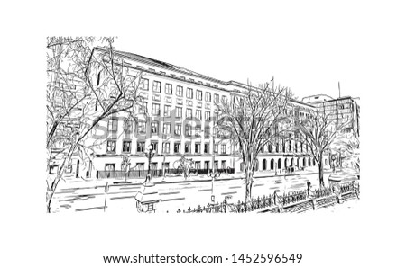 Building view with landmark of Ottawa is Canada’s capital, in the east of southern Ontario. Hand drawn sketch illustration in vector.