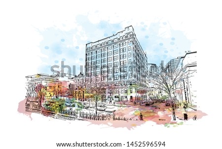 Building view with landmark of Ottawa is Canada’s capital, in the east of southern Ontario. watercolor splash with Hand drawn sketch illustration in vector.