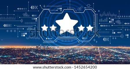Five star rating with downtown Los Angeles at night
