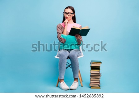 Full length photo picture of concentrated focused interested curious lady like science isolated bright background
