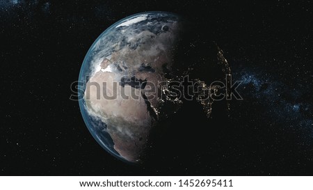 motion graph planet Earth model with illuminated mainlands on orbits around Sun against Milky Way in space. 3d animation. Science and technology concept. Elements of this media furnished by NASA