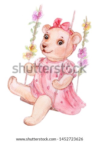 watercolor illustration .cute teddy bear swinging.Template for print or greeting card