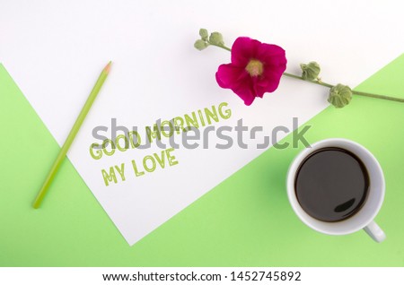 
Concept photo of blog, pencil and cup of coffee on white and green background