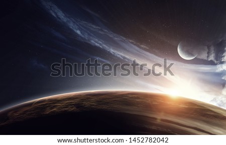 Earth, moon and stars on blue dark sky