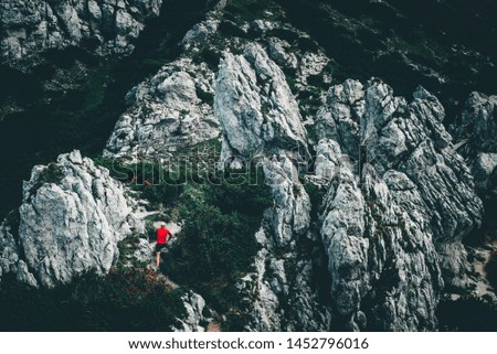 Runner in red run in hilly mountains, trail run sport photo
