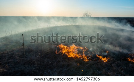 smoke and fire, burning dry grass on the hillside. Villager they set fire to dry grass so that young grass would grow to feed animals. Early spring in the countryside.