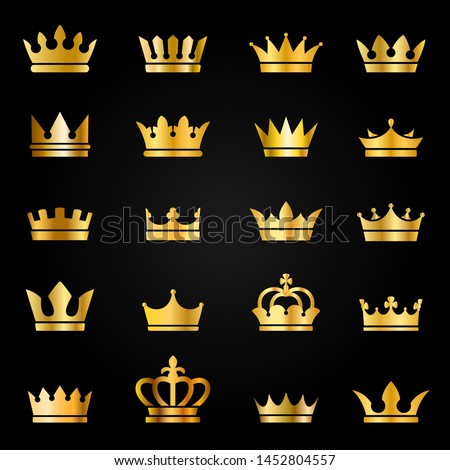 Gold crown icons. Queen king golden crowns luxury royal on blackboard, crowning tiara heraldic winner award jewel vector set for quality label