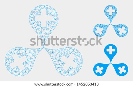 Mesh hospital map markers model with triangle mosaic icon. Wire frame polygonal mesh of hospital map markers. Vector mosaic of triangle elements in various sizes, and color tones.
