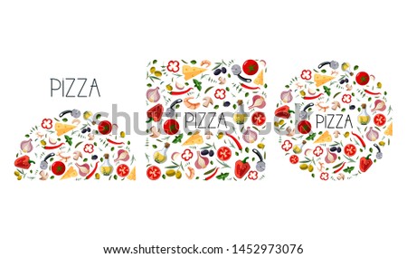 Set for pizza box. Traditional different ingredients for italian pizza: vegetables, olive oil, herbs, disc knife. Vector illustration Mediterranean food isolated on white background.