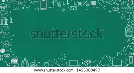 Back to school. Set of different signs. Abstract blackboard. Sketchy background with hand drawn school supplies. Banner design. Doodle for your business Royalty-Free Stock Photo #1453000499