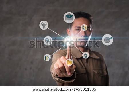 Man pressing buttons of  searching web icon,Searching Internet Data Information Networking Concept