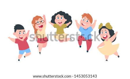 Happy cartoon kids. Cute boy and girl children, group of school students, kids friendship concept.  isolated smile jumping children