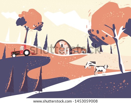 Vector illustration of Countryside landscape in autumn,banner of farm house.The yellow foliage mountain,hill with falling leaves,barn and cow. Concept of organic cattle farm in autumn. in retro color. Royalty-Free Stock Photo #1453059008