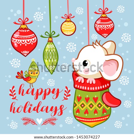 The little mouse is sitting in a Christmas mitten. Vector New Year and happy holidays greeting card with inscription.