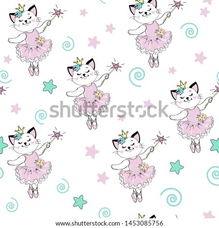 Beautiful cat fairy ballerina seamless pattern on a white background