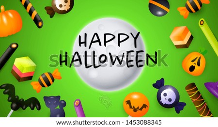 Happy Halloween lettering with moon and confectionery. Invitation or advertising design. Typed text, calligraphy. For leaflets, brochures, invitations, posters or banners.