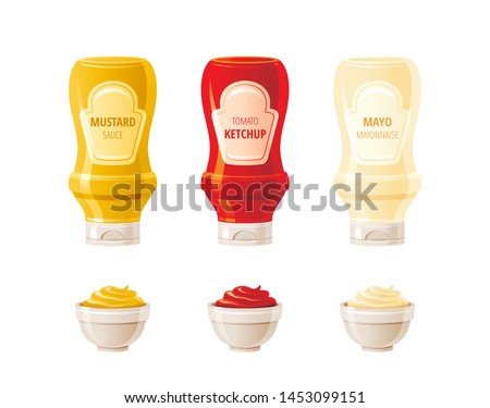 Mustard, ketchup, mayonnaise sauces bottles & cup bowls. Hot spice sauce set. Food icons with text logo label on plastic squeeze bottle packaging. 3d realistic vector illustration. Isolated background Royalty-Free Stock Photo #1453099151