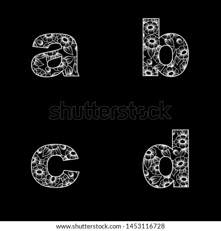 White outline floral alphabet letters isolated on black background
