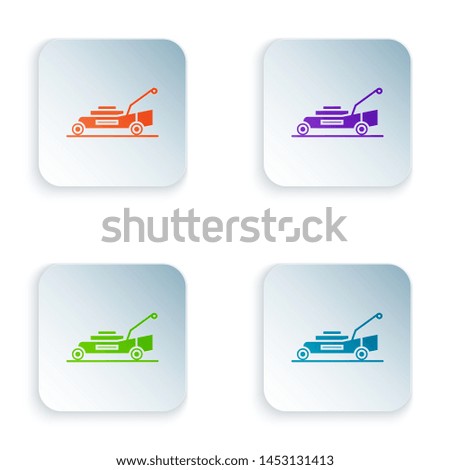 Color Lawn mower icon isolated on white background. Lawn mower cutting grass. Set icons in colorful square buttons. Vector Illustration