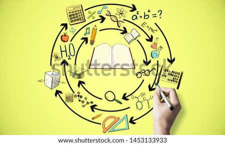 Creative hand drawn education sketch on yellow background. Knowledge and success concept