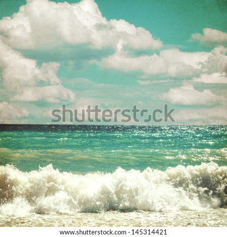sea with waves and clouds sky - picture in retro style