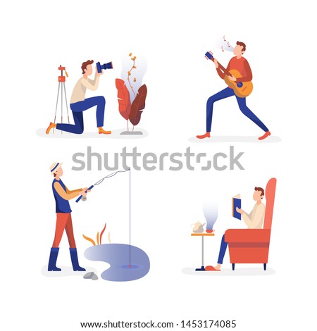 Men enjoying holiday free time hobby activities. Shooting nature outdoor photo, fishing in pond, practicing guitar play, reading books and relaxing. Flat vector illustrations collection.