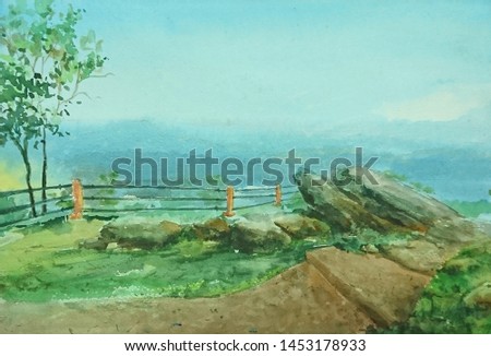 water color painting, landscape painted. mountain range drawing.