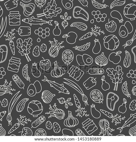 Farmer's market seamless pattern with line icons. Fruits, vegetables, honey, eggs, meat and fish Royalty-Free Stock Photo #1453180889