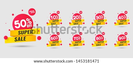 Sale tags set vector badges template, up to 10, 20, 90, 80, 30, 40, 50, 60, 70 percent off, vector illustracion. Royalty-Free Stock Photo #1453181471