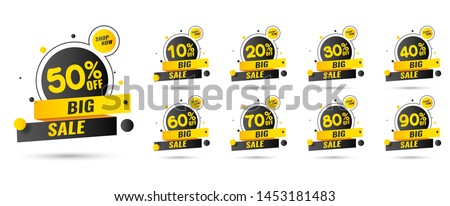 Sale tags set vector badges template, up to 10, 20, 90, 80, 30, 40, 50, 60, 70 percent off, vector illustracion. Royalty-Free Stock Photo #1453181483