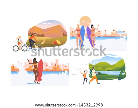 Set of tourists relaxing on vacation. Male and female cartoon characters riding surfs and hiking. Vector illustration for leisure, magazine, article