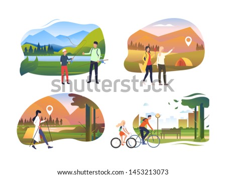 Collection of young people enjoying active leisure. Group of people finding locations, riding bicycle and fishing. Flat colorful vector illustration for promo, recreation, hiking
