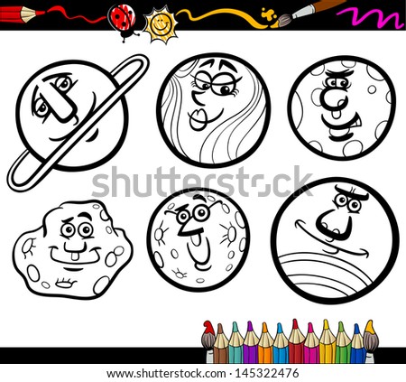 Coloring Book or Page Cartoon Illustration of Black and White Planets and Orbs Comic Characters Set for Children Education