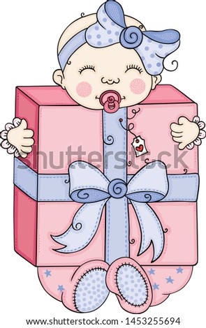 Cute baby girl holding a big gift box

