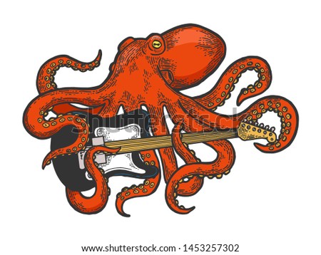Octopus playing electric guitar color sketch engraving vector illustration. Scratch board style imitation. Black and white hand drawn image.
