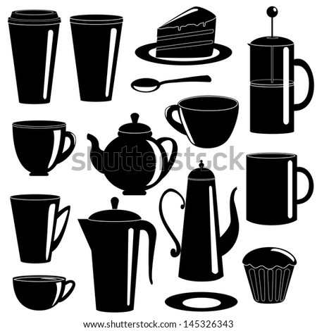 Collection of tea items silhouettes isolated on white