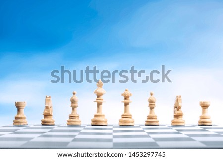 Row of wooden chess pieces on the chessboard