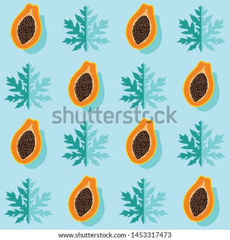 Vector illustration, seamless pattern papaya and leaves on the turquoise background, flat design