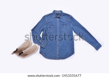 blue mens long sleeve jeans shirt with brown shoes
