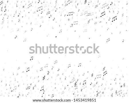 Musical notes symbols flying vector illustration. Notation melody record classic pictograms. Musician album background. Gray scale melody sound notation.
