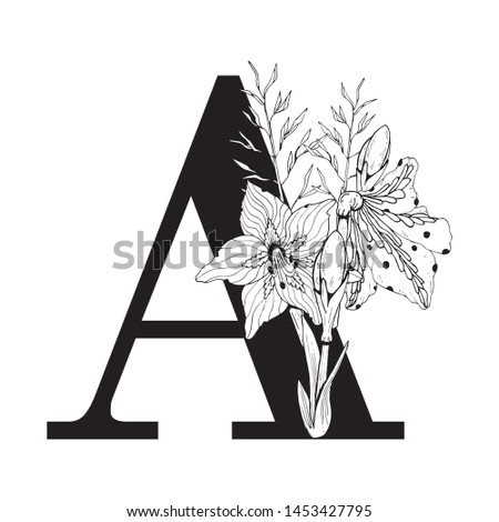 Vector Graphic Floral Alphabet - letter A with black & white inked flowers bouquet composition. Unique collection for wedding invites decoration, logo, baby shower, birthday & many other concept ideas