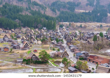 Viewpoint of Shirakawago village in spring season,it is one of UNESCO's World Heritage Sites.Japanese traditional village is a building style gasshō-zukuri,located in Ōno District,Gifu Prefecture.