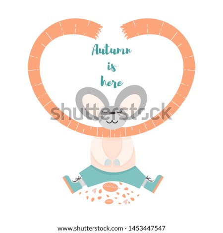 Cute mouse wearing scarf. Winter illustration. Funny animal autumn leaves.