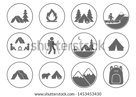 Tourism icons. Trekking, hiking, mountaineering, backpacking, camping symbols. Vector.