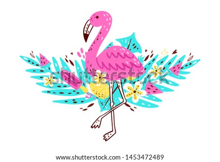 Bright tropical arrangement with flamingo. Tropical sticker with leaves, flowers, ice-cream for holiday, travel, beach vacation. Label, logo, tag and elements for travel, beach vacation