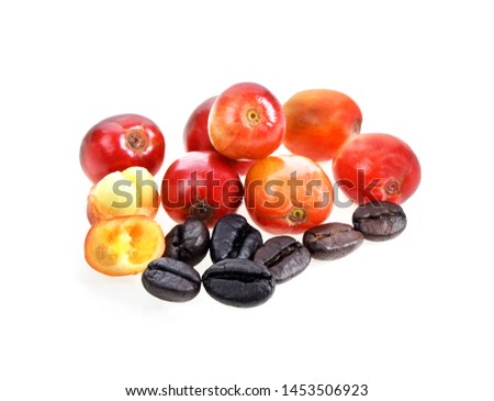 Red and black coffee beans on white background