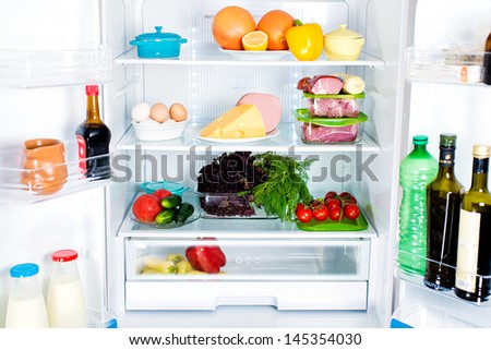 The food in the refrigerator. Royalty-Free Stock Photo #145354030