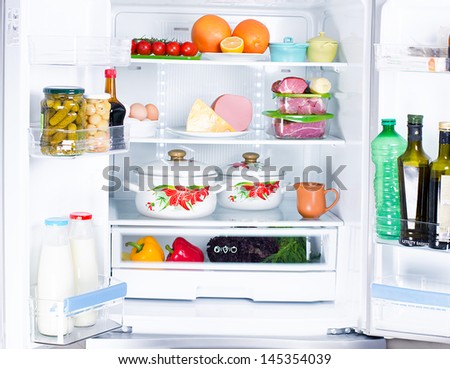 The food in the refrigerator. Royalty-Free Stock Photo #145354039